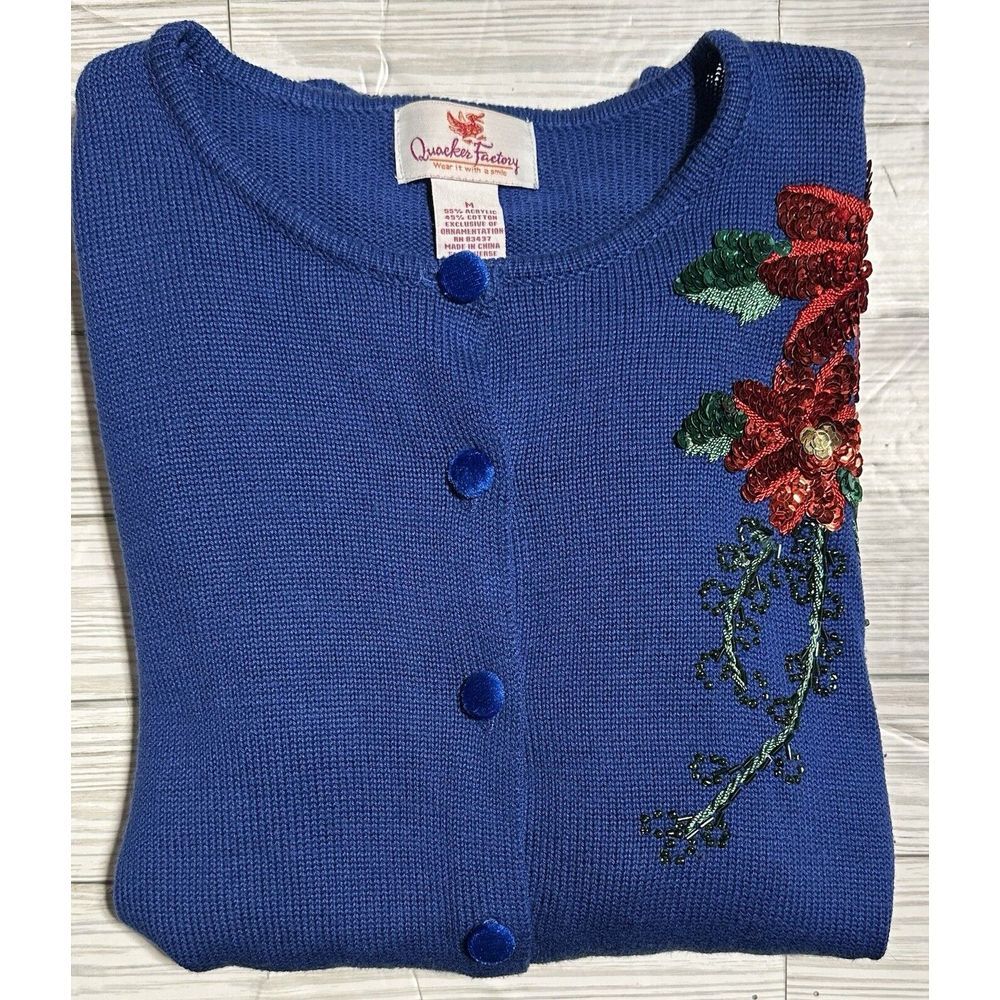 Womens Quacker Factory Christmas Cardigan Size Med. Sequined Poinsettia Sweater